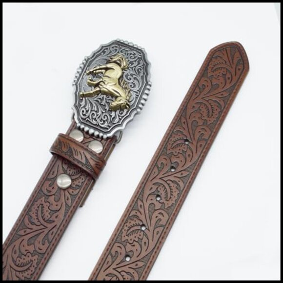 Western PU Leather Belt Floral Embossed Vintage Buckle Cowgirl Cowboy Style - Picture 5 of 7